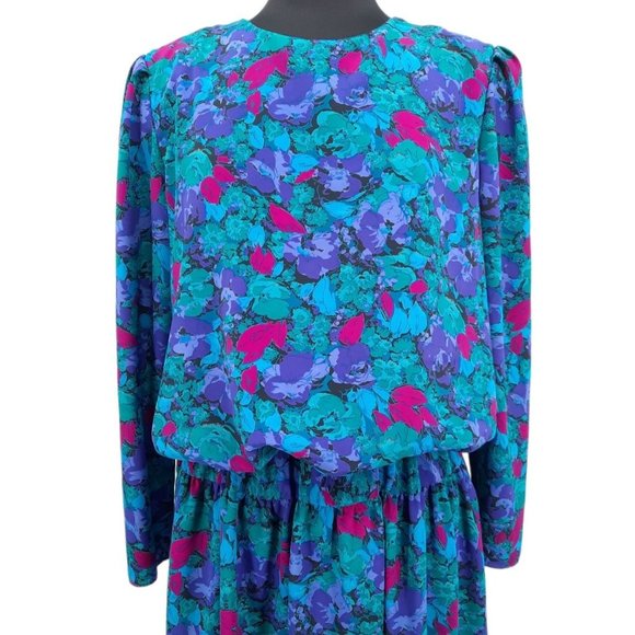 VTG 80s It's a Rich Miss Blue Pink Purple Floral Long Sleeve Blouson Dress L USA - Picture 2 of 12